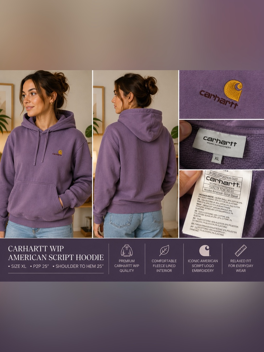 Carhartt WIP Hooded American Script Sweatshirt Purple Lavender Hoodie L or XL